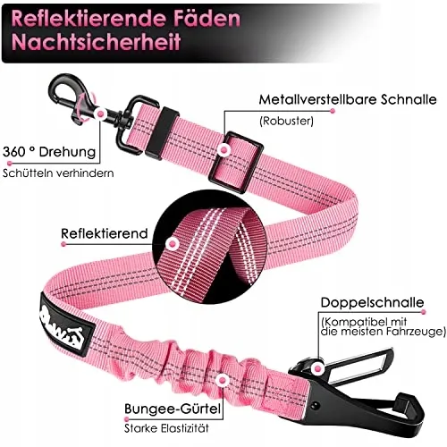 EYEIN Hondenveiligheidsgordel 3-in-1 Elastisch Nylon 90cm Roze — foto 6