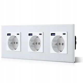 BSEED Drievoudig Schuko Stopcontact USB C Snellader Glas Wit