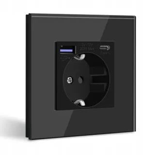 BSEED Schuko Stopcontact USB C 20W Snelladen Glas Paneel Zwart