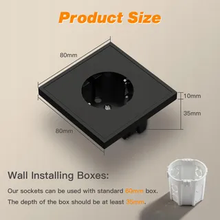 MVAVA Schuko Stopcontact EU 80x80mm Inbouw Eenvoudig Zwart — miniatuur 2