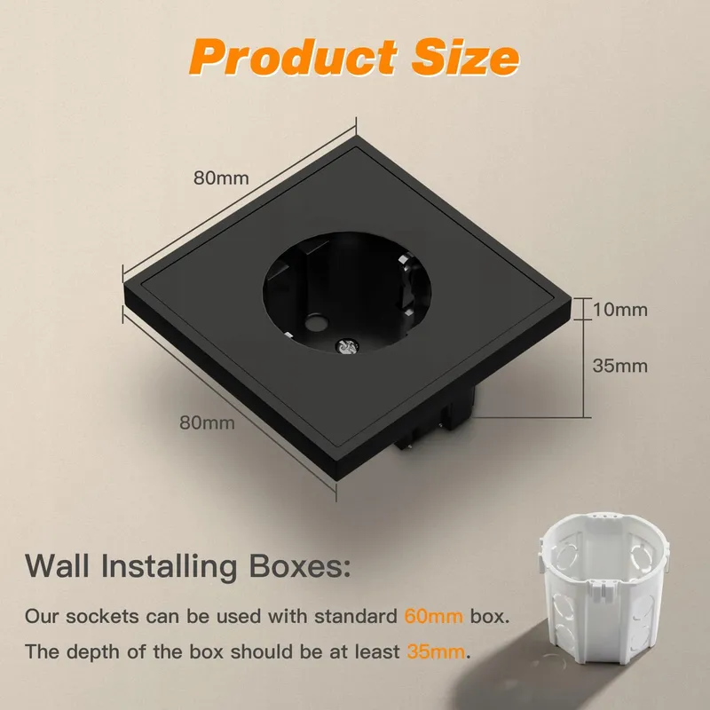 MVAVA Schuko Stopcontact EU 80x80mm Inbouw Eenvoudig Zwart — foto 2
