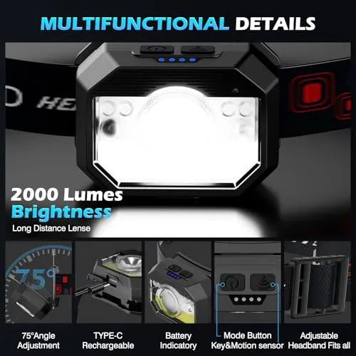 MLIAIMCE LED Hoofdlamp 2000 Lumen Waterdicht Hardlopen — foto 2