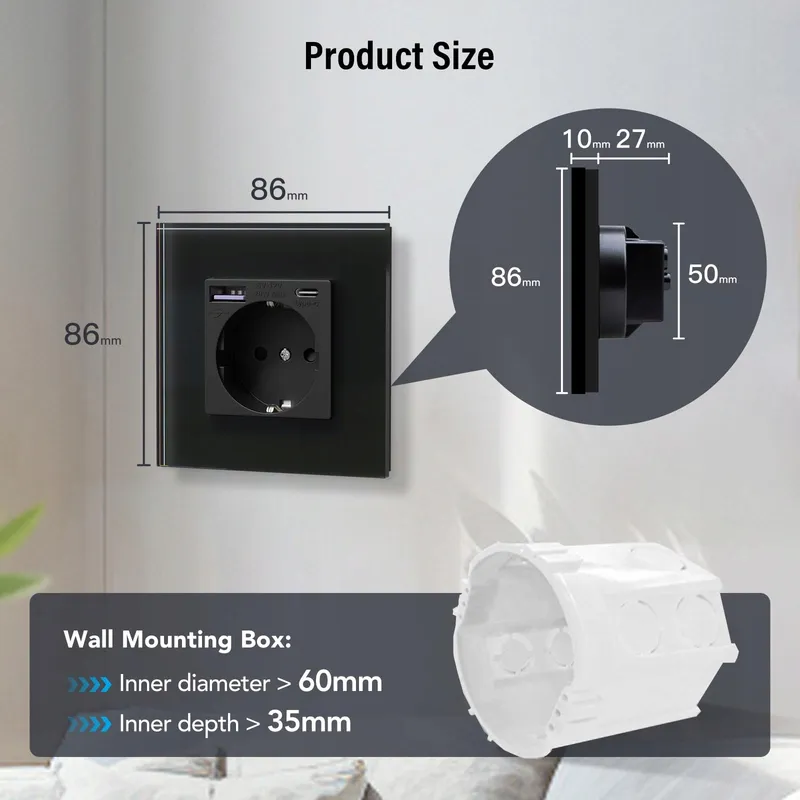 BSEED Schuko Stopcontact USB Type C 20W Snellader Glas Zwart — foto 7