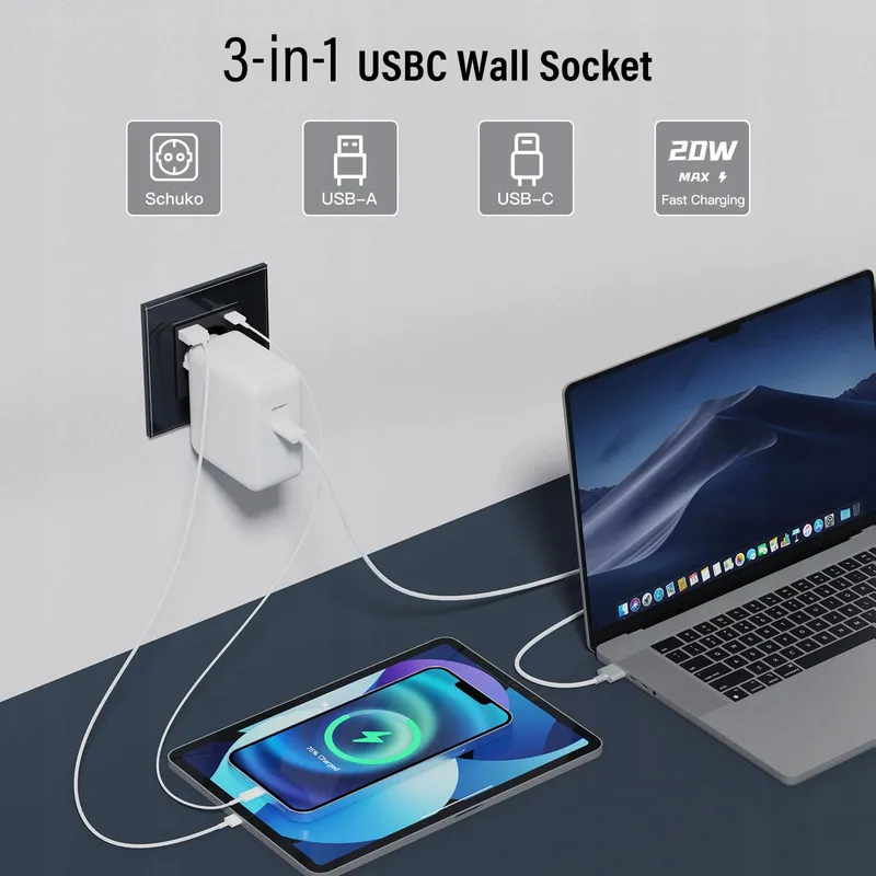 BSEED Schuko Stopcontact USB Type C 20W Snellader Glas Zwart — foto 2