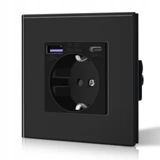 BSEED Schuko Stopcontact USB Type C 20W Snellader Glas Zwart — miniatuur 1
