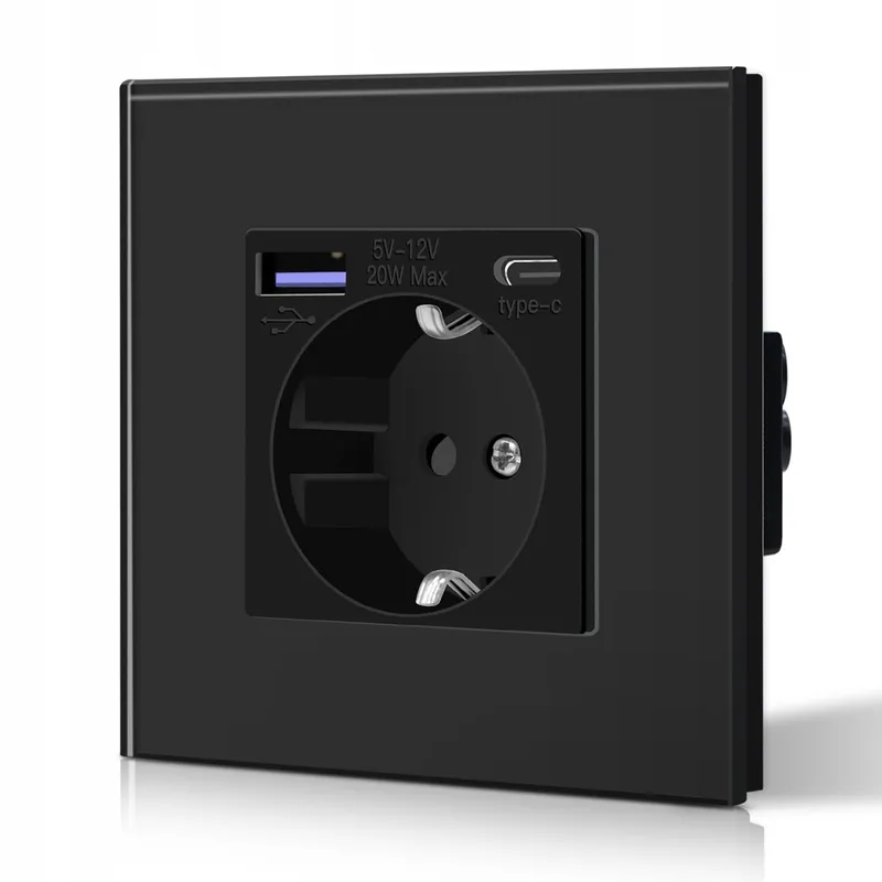 BSEED Schuko Stopcontact USB Type C 20W Snellader Glas Zwart — foto 1