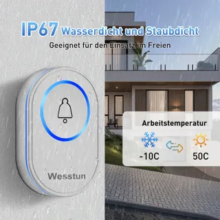 WESSTUN Draadloze Deurbel 39 Melodieen IP67 Waterdicht Wit — miniatuur 4