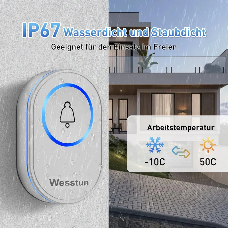 WESSTUN Draadloze Deurbel 39 Melodieen IP67 Waterdicht Wit — foto 4