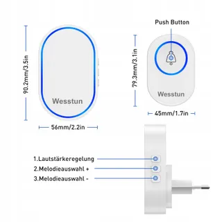 WESSTUN Draadloze Deurbel 39 Melodieen IP67 Waterdicht Wit — miniatuur 2