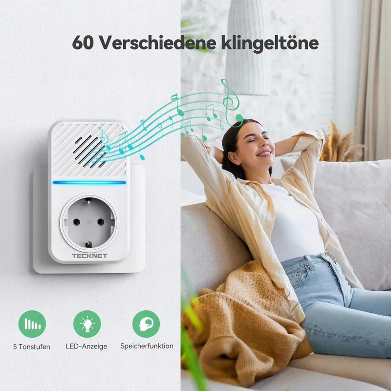 TECKNET Draadloze Deurbel USB IP65 400m 60 Beltonen LED — foto 7