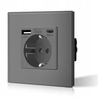 BSEED Schuko Stopcontact USB C Glas 3-in-1 2.1A Grijs