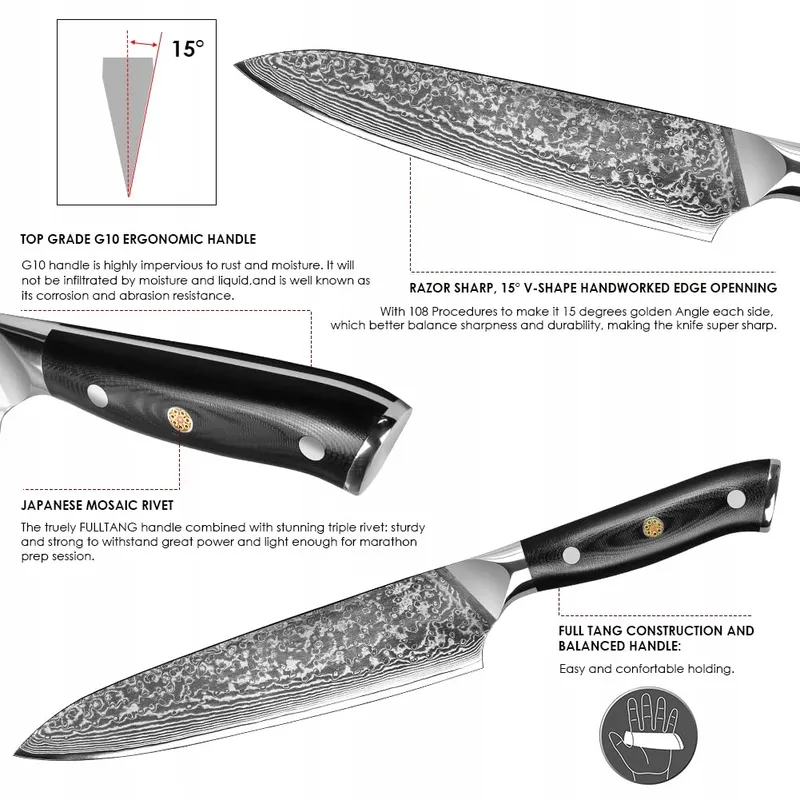 HOME SAFETY Damast Koksmes 20cm 67 Lagen Damaststaal G10 Handvat — foto 3