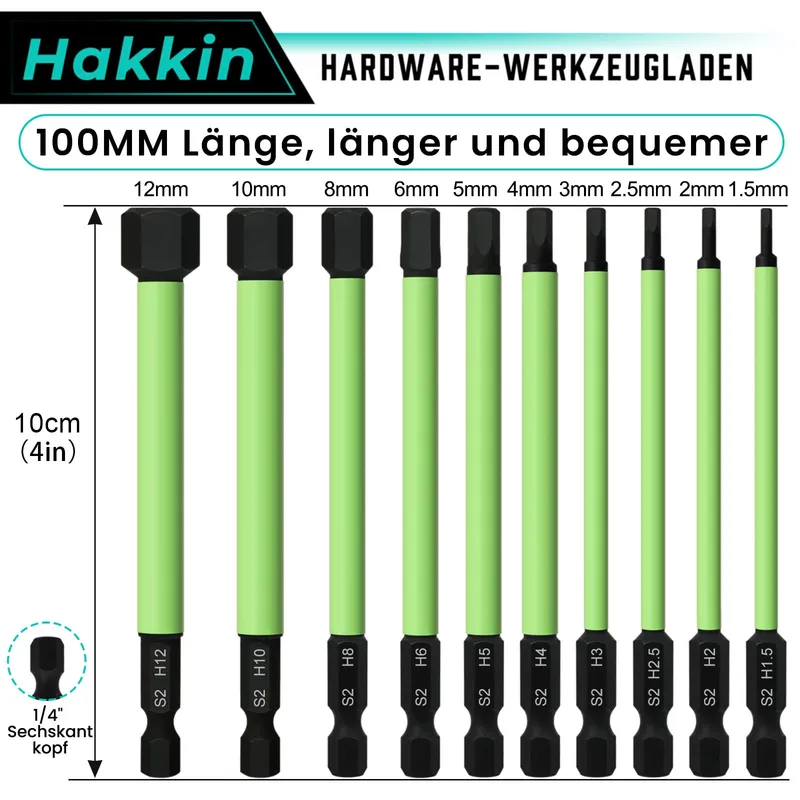 HAKKIN 10 Lange Hex Bits 100mm 1/4 Inch S2 Magnetisch — foto 2