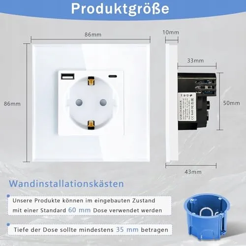 TAWOIA Schuko Stopcontact USB C Snelladen Wit 86x86mm — foto 1