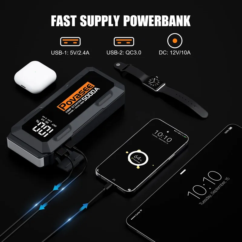 POVASEE Jumpstarter 5000A 12V Benzine Diesel LCD LED — foto 4
