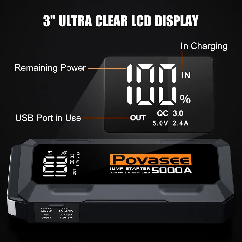 POVASEE Jumpstarter 5000A 12V Benzine Diesel LCD LED — foto 5