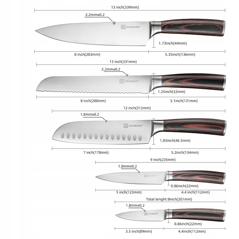 KEEMAKE Keukenmessenset 5-delig Roestvrij Staal Ergonomische Handgreep — foto 2