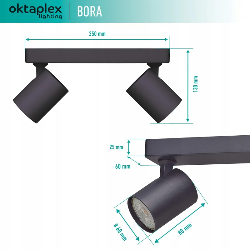 OKTAPLEX Bora Plafondlamp 2xGU10 LED 25cm 230V Zwart Draaibaar — foto 6