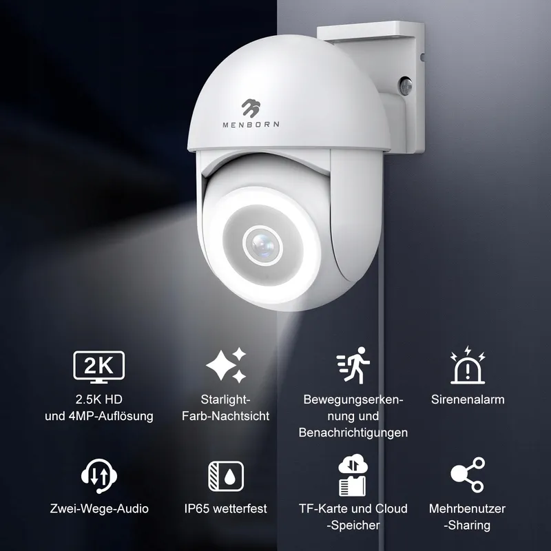 MENBORN Buitencamera 2.5K 360° Starlight Schijnwerper Alexa — foto 2