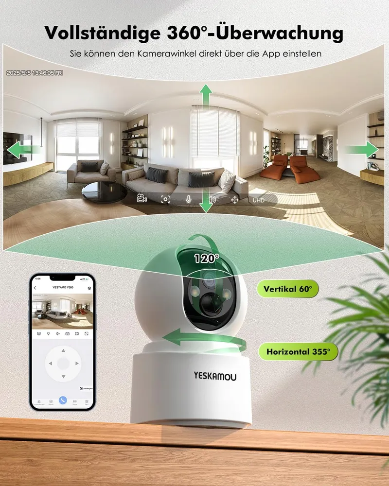 YESKAMOU Binnencamera 4MP 360 WiFi Accu voor Thuis — foto 6