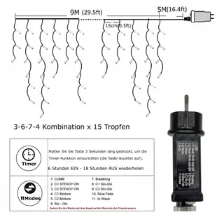 YOSION Lichtgordijn 300 LED 9m Warmwit Wit Buiten — miniatuur 2