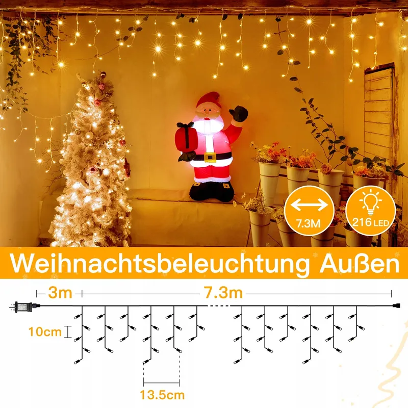 OLLNY Kerstverlichting Buiten 7,3M 216 LED Waterdicht Balkon Huis — foto 3