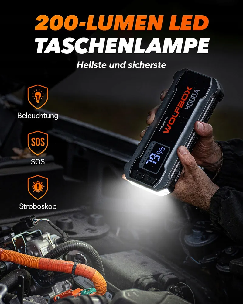 WOLFBOX Starthulp Powerbank 4000A 12V Auto SUV LED — foto 4