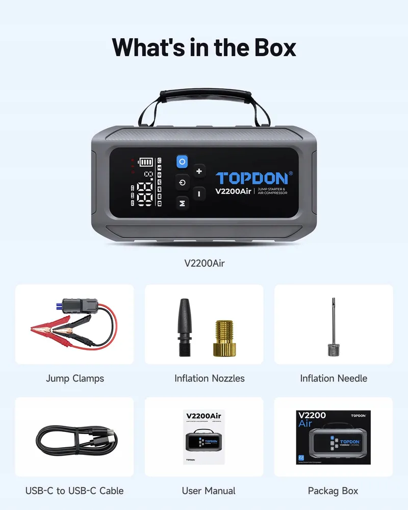 TOPDON V2200Air Starthulp Powerbank 150PSI Compressor 8L Benzine 6L Diesel — foto 7