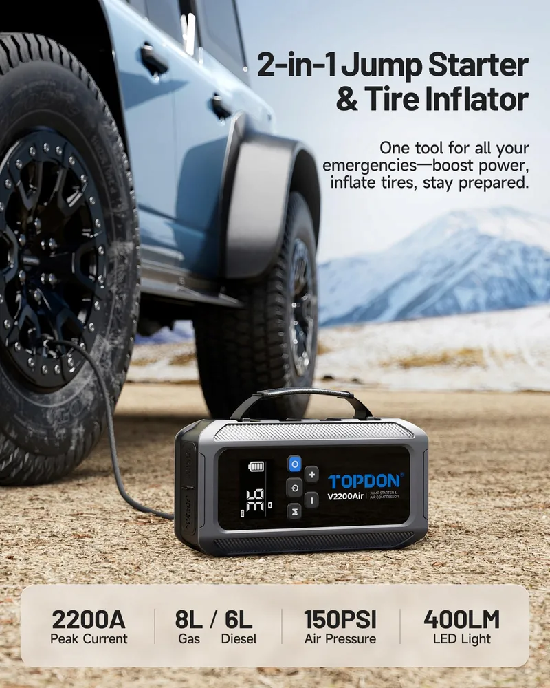 TOPDON V2200Air Starthulp Powerbank 150PSI Compressor 8L Benzine 6L Diesel — foto 2