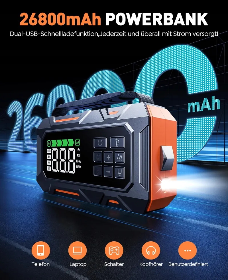 TREKURE Starthulp Powerbank 14-in-1 26800mAh 160PSI Compressor 5 LED — foto 4