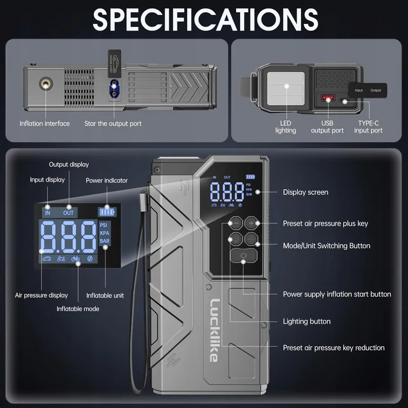 LUCKLIKE Starthulp Powerbank met Compressor Auto SUV Motor — foto 8