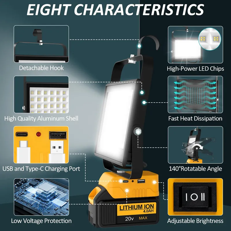 T-SUN LED Werklamp Dewalt 18V 100W 6000K Draagbaar Zonder Accu — foto 2