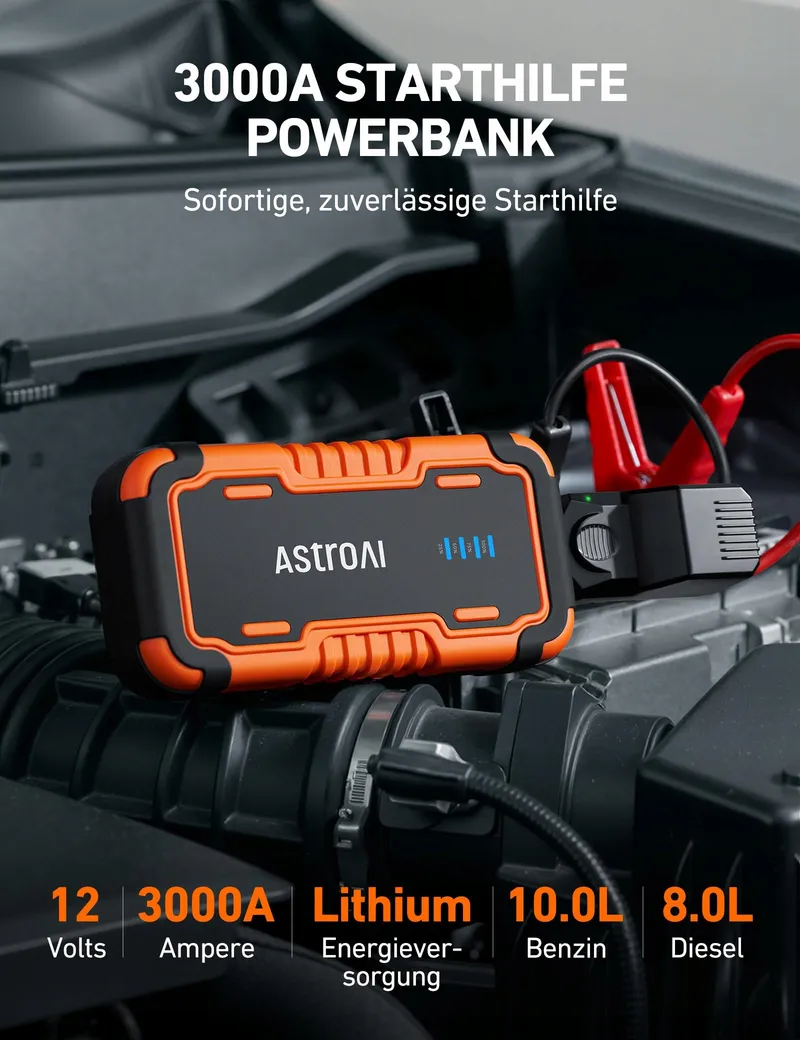 ASTROAI P10 Starthulp Powerbank 3000A Auto Benzine Diesel LED — foto 2