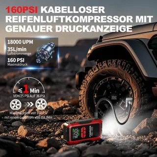 FNNEMGE Jumpstarter 26800mAh 6500A Compressor 160PSI LCD LED — miniatuur 3