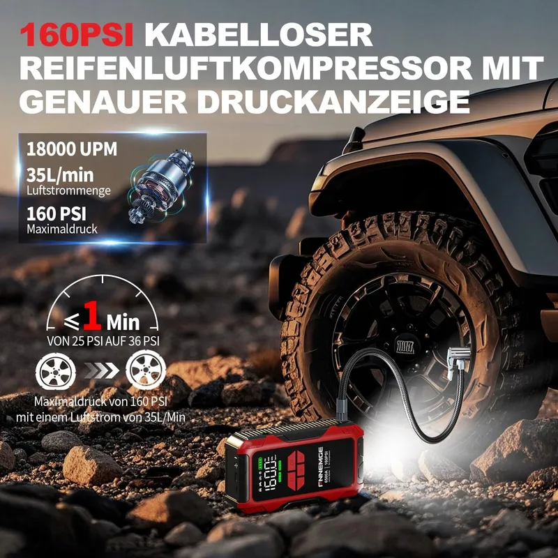 FNNEMGE Jumpstarter 26800mAh 6500A Compressor 160PSI LCD LED — foto 3