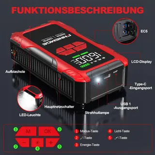FNNEMGE Jumpstarter 26800mAh 6500A Compressor 160PSI LCD LED — miniatuur 4