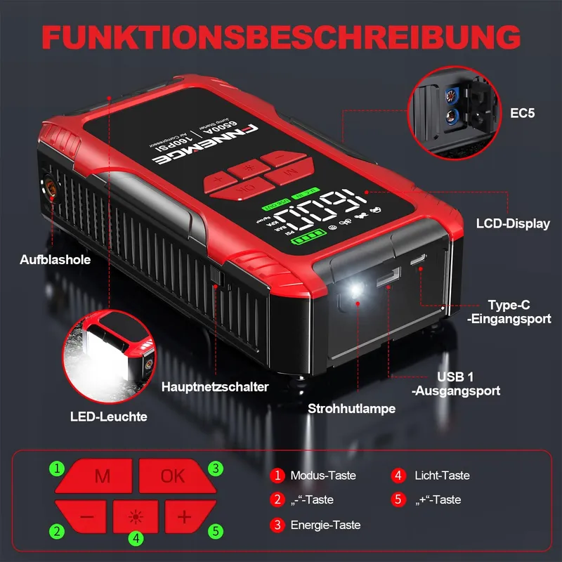 FNNEMGE Jumpstarter 26800mAh 6500A Compressor 160PSI LCD LED — foto 4