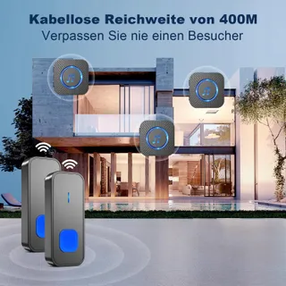 SURFOU Draadloze Deurbel 400m 3 Ontvangers 2 Zenders Zwart — miniatuur 2