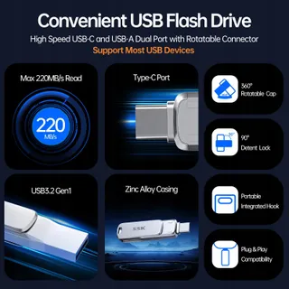 SSK 256GB USB Stick Type A C Snel Waterdicht Stofdicht — miniatuur 2