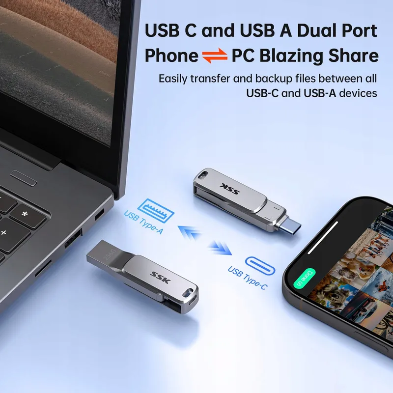 SSK 256GB USB Stick Type A C Snel Waterdicht Stofdicht — foto 4