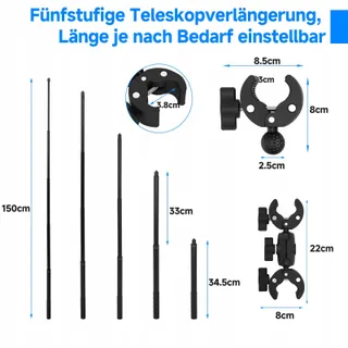 PETOUR Selfiestick 150cm Motor Fiets Insta360 X5 X4 X3 — miniatuur 3