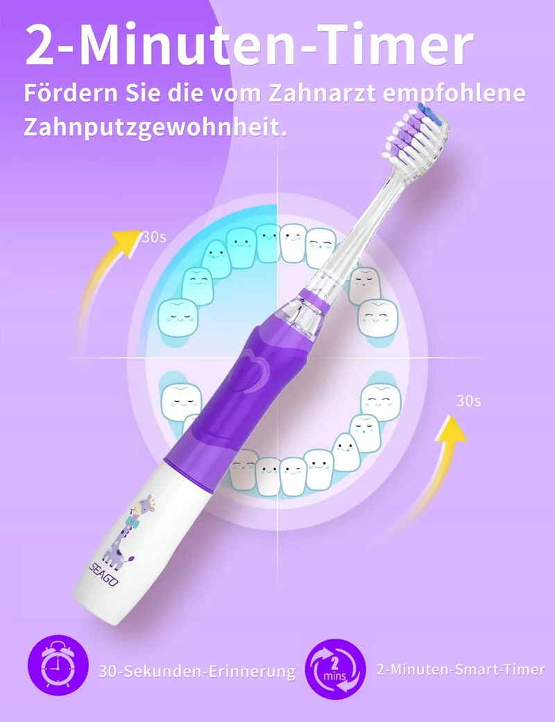 SEAGO Sonische Tandenborstel Voor Kinderen 4 Modi LED 4 Opzetstukken Paars — foto 5
