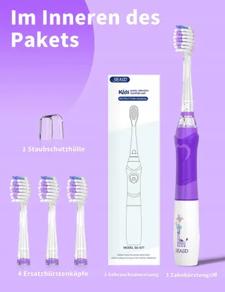 SEAGO Sonische Tandenborstel Voor Kinderen 4 Modi LED 4 Opzetstukken Paars — miniatuur 6