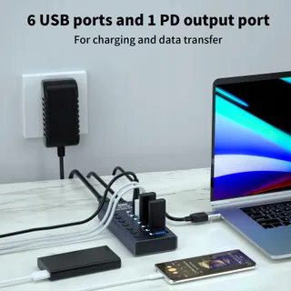 WLXKJY Aluminium USB 3.0 Hub 7-in-1 4x USB 3.0 3x PD Oplaadpoorten — miniatuur 7