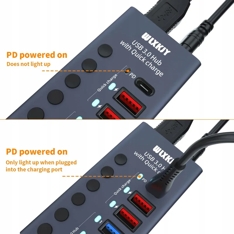 WLXKJY Aluminium USB 3.0 Hub 7-in-1 4x USB 3.0 3x PD Oplaadpoorten — foto 4