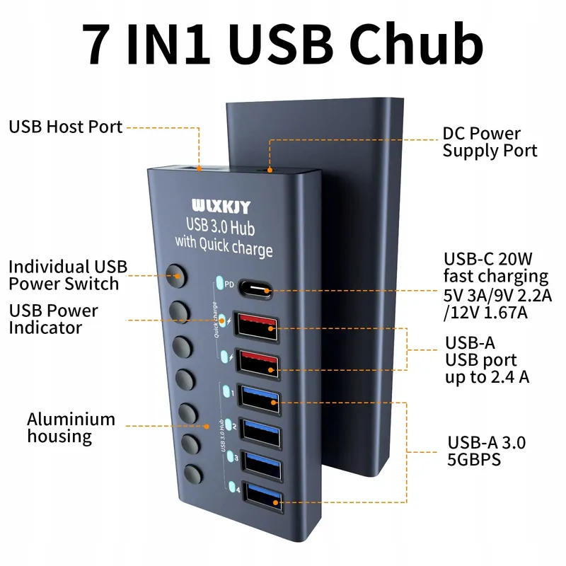 WLXKJY Aluminium USB 3.0 Hub 7-in-1 4x USB 3.0 3x PD Oplaadpoorten — foto 3