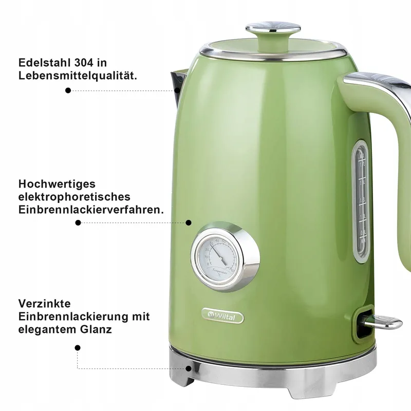 WILTAL Retro Waterkoker 1,7L 2200W Roestvrij Staal Met Thermometer — foto 8