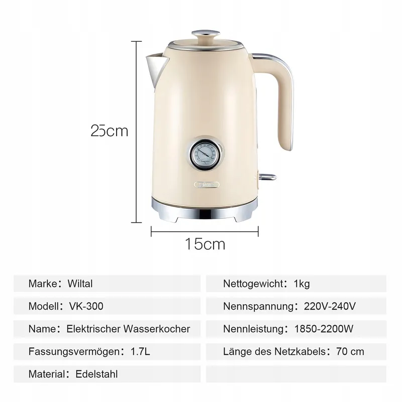 WILTAL Retro Waterkoker 1,7L 2200W Roestvrij Staal Met Thermometer — foto 7