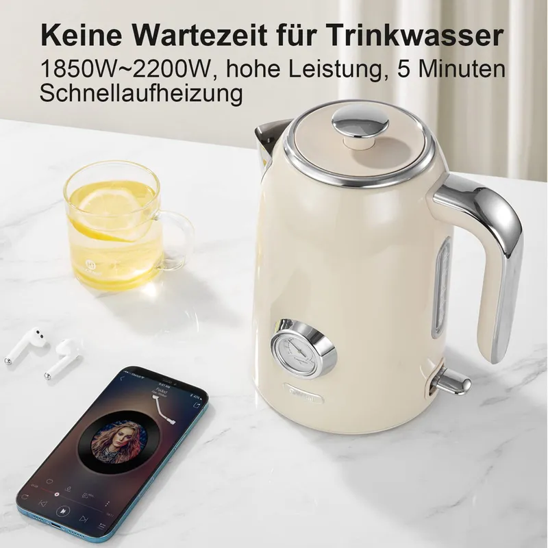 WILTAL Retro Waterkoker 1,7L 2200W Roestvrij Staal Met Thermometer — foto 9