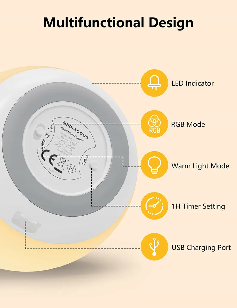 MEDIACOUS LED Nachtlampje Kinderen 8 Kleuren USB Timer Touch — foto 5